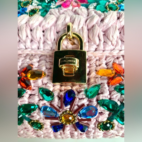 DOLCE & GABBANA MISS DOLCE PINK RAFFIA CRYSTAL LEATHER HANDBAG - Picture 6 of 14